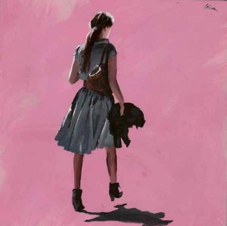Femme qui marche (fond rose)