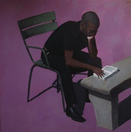 homme noir lisant fond violet